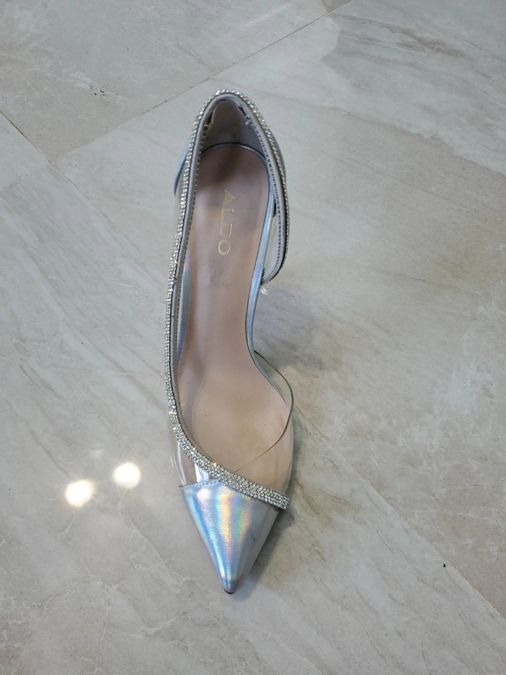 Aldo Iridescent Silver Pointed-Toe D'Orsay Pump with Rhinestone Trim
